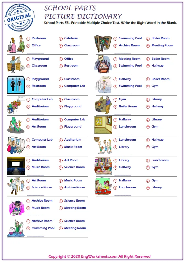 School Parts ESL Printable Multiple Choice Test. Write the Right Word in the Blank. Worksheet Preview