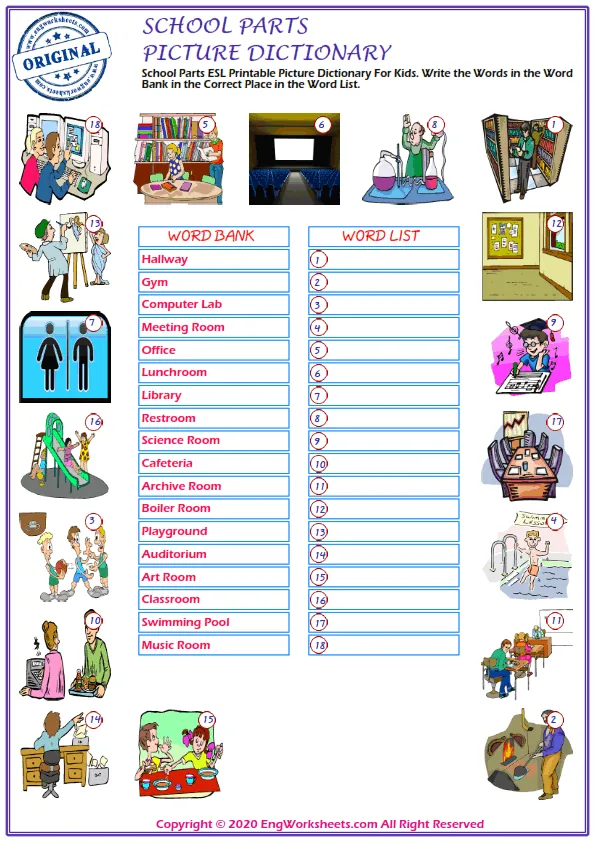 School Parts ESL Printable Picture Dictionary For Kids. Write the Words in the Word Bank in the Correct Place in the Word List. Worksheet Preview