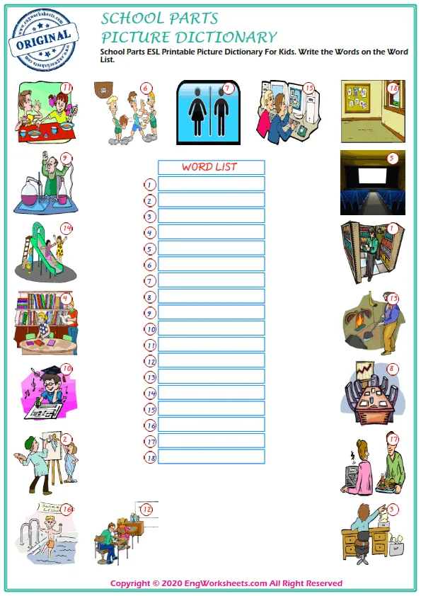 School Parts ESL Printable Picture Dictionary For Kids. Write the Words on the Word List. Worksheet Preview