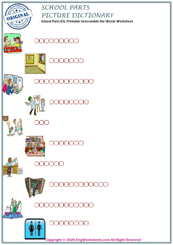 School Parts ESL Printable Unscramble the Words Worksheet. Worksheet Preview