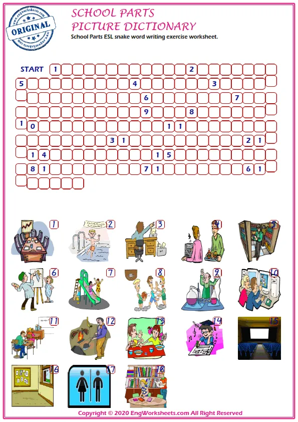 School Parts ESL snake word writing exercise worksheet. Worksheet Preview