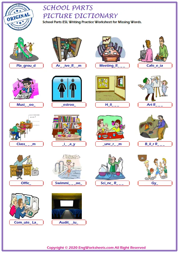 School Parts ESL Writing Practice Worksheet for Missing Words. Worksheet Preview