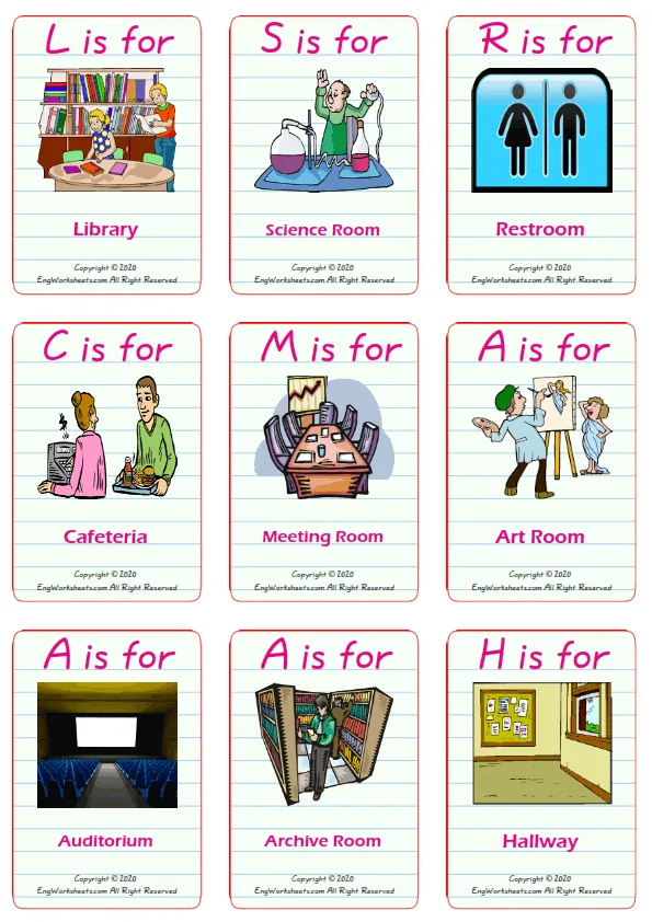 School Parts vocabulary worksheet with words, nine images per page