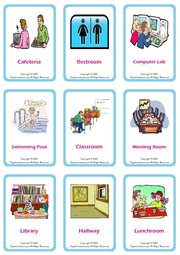 School Parts vocabulary worksheet with words, nine images per page