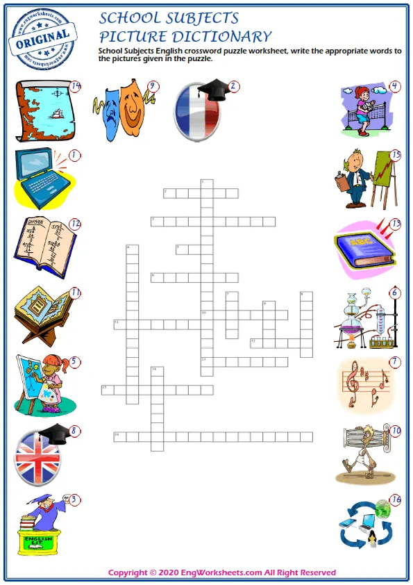 School Subjects English crossword puzzle worksheet, write the appropriate words to the pictures given in the puzzle. Worksheet Preview
