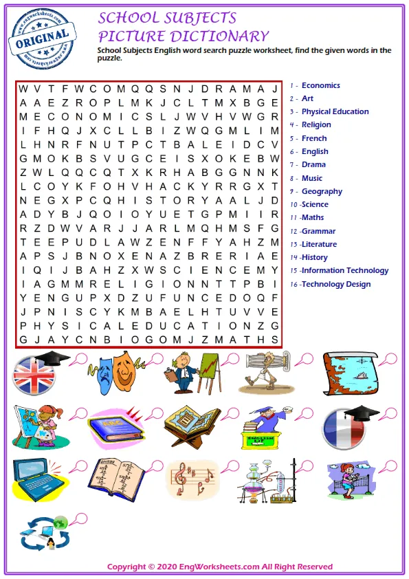 School Subjects English word search puzzle worksheet, find the given words in the puzzle. Worksheet Preview