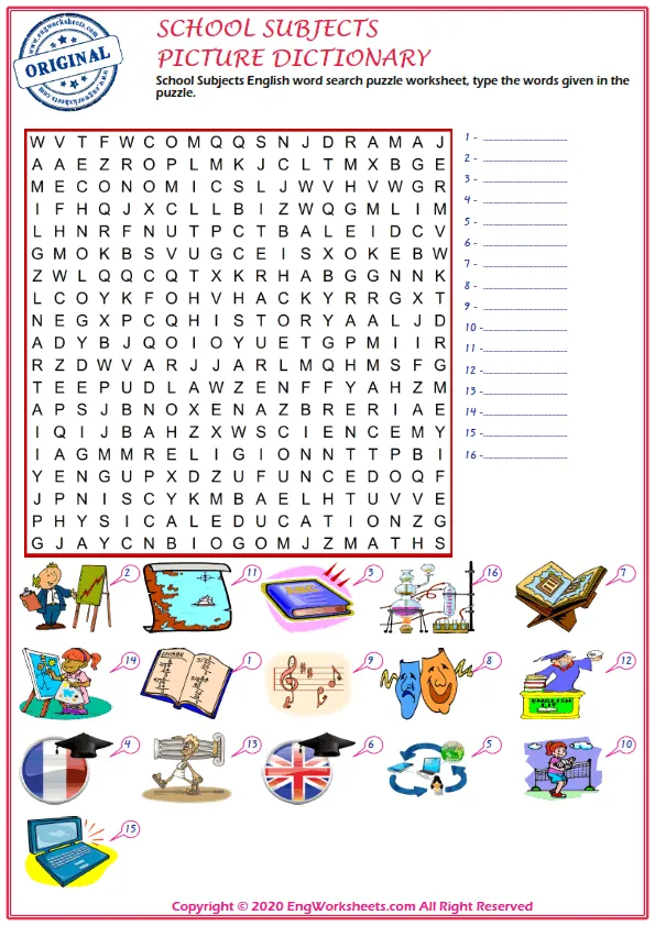School Subjects English word search puzzle worksheet, type the words given in the puzzle. Worksheet Preview