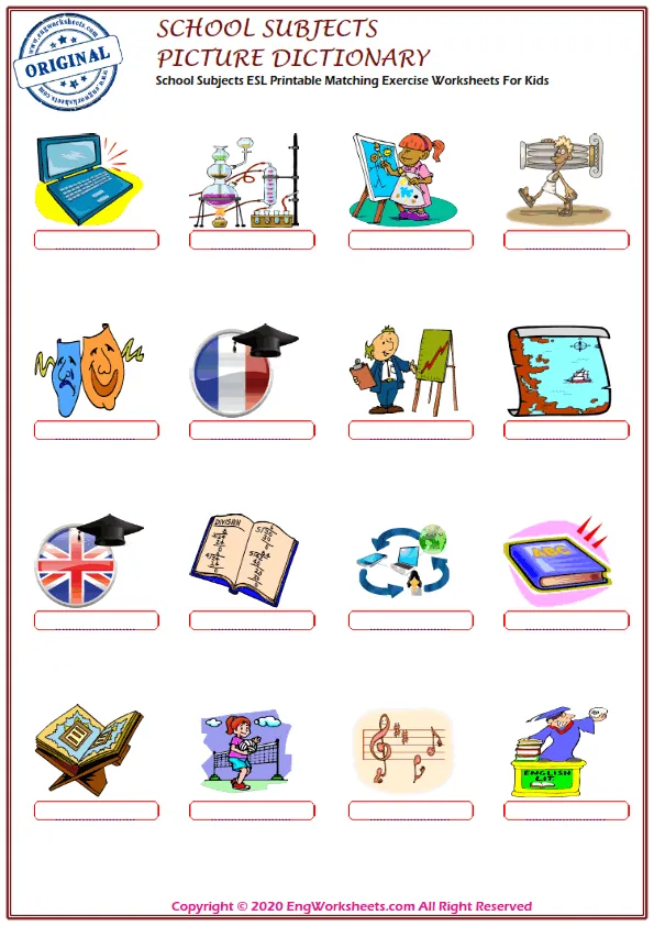 School Subjects ESL Printable Matching Exercise Worksheets For Kids Worksheet Preview