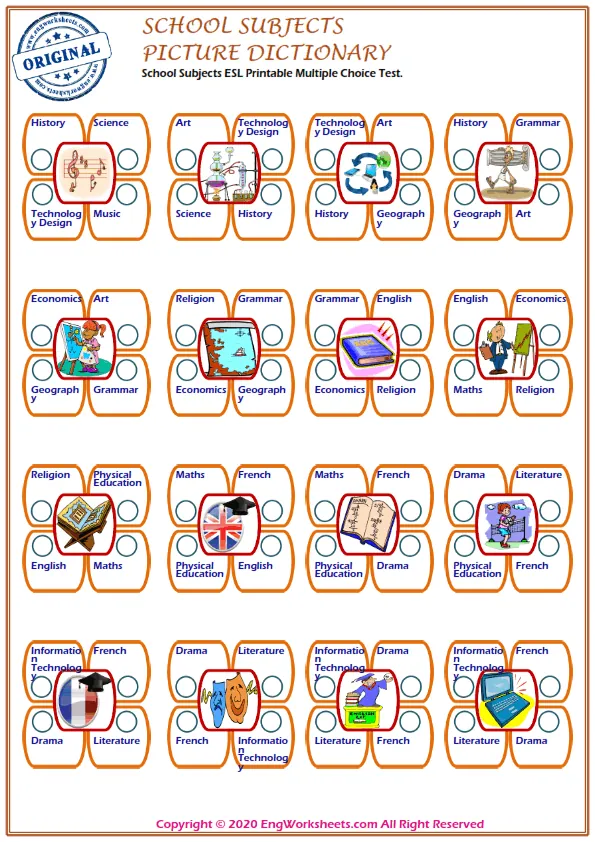 School Subjects ESL Printable Multiple Choice Test. Worksheet Preview