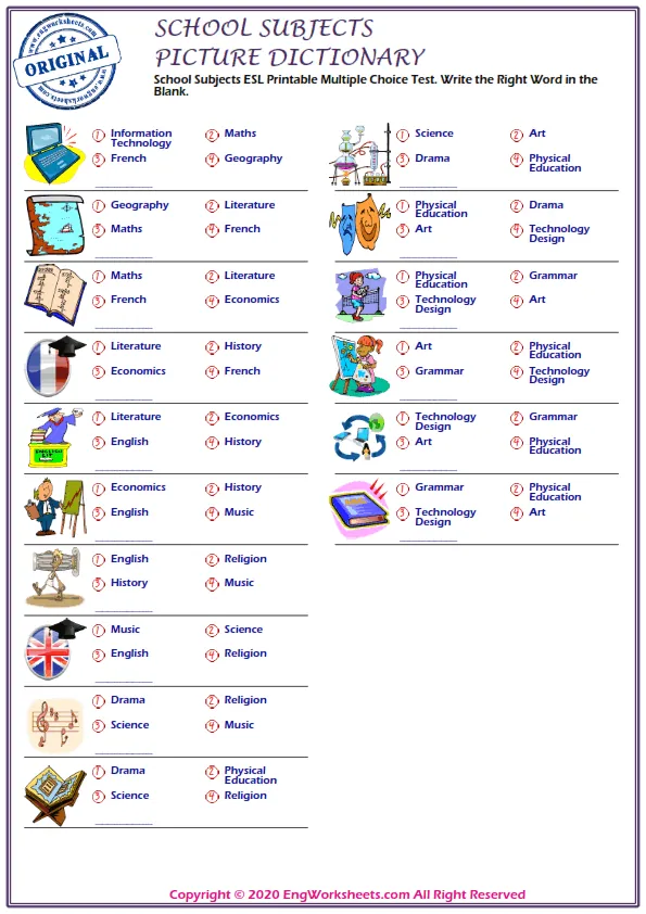 School Subjects ESL Printable Multiple Choice Test. Write the Right Word in the Blank. Worksheet Preview