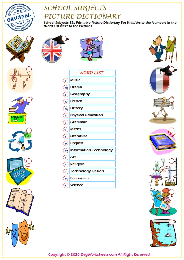 School Subjects ESL Printable Picture Dictionary For Kids. Write the Numbers in the Word List Next to the Pictures. Worksheet Preview