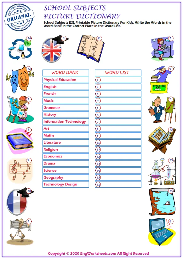 School Subjects ESL Printable Picture Dictionary For Kids. Write the Words in the Word Bank in the Correct Place in the Word List. Worksheet Preview