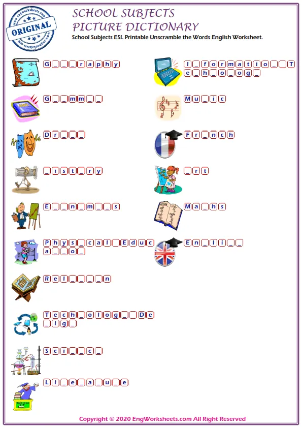 School Subjects ESL Printable Unscramble the Words English Worksheet. Worksheet Preview