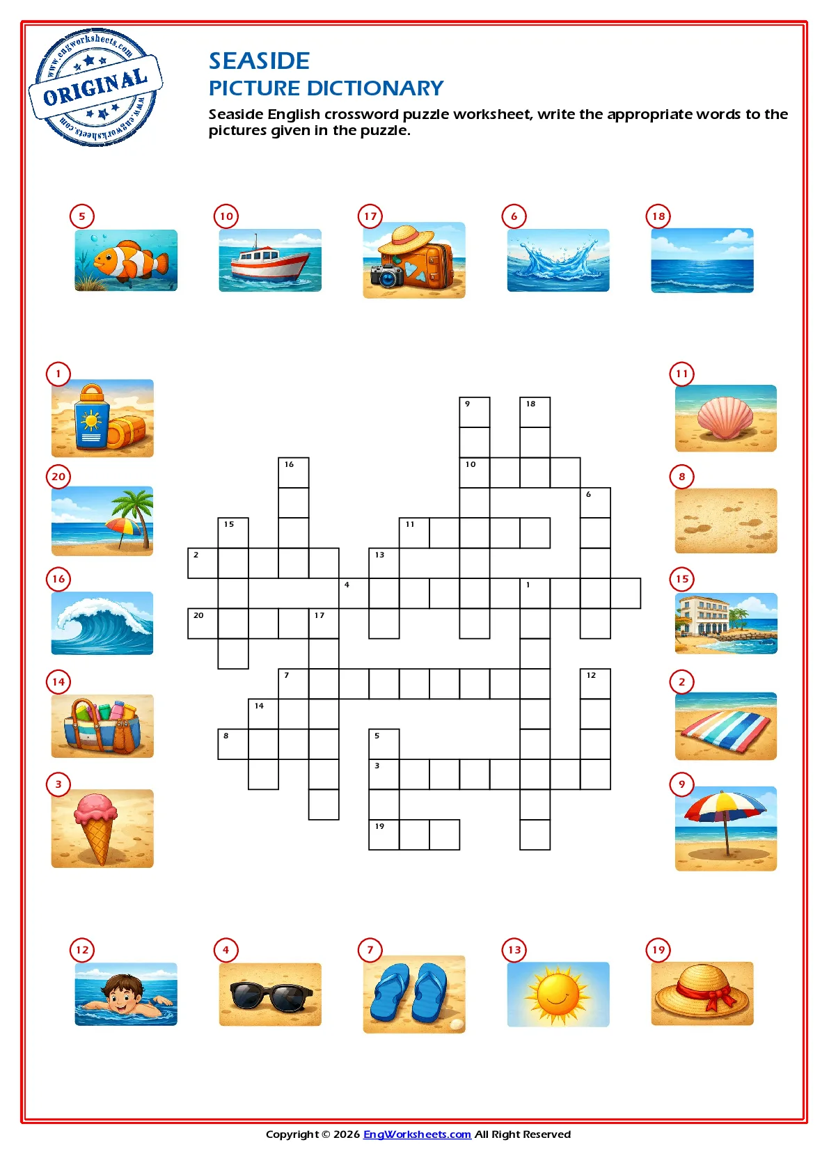 Seaside English crossword puzzle worksheet, write the appropriate words to the pictures given in the puzzle. Worksheet Preview