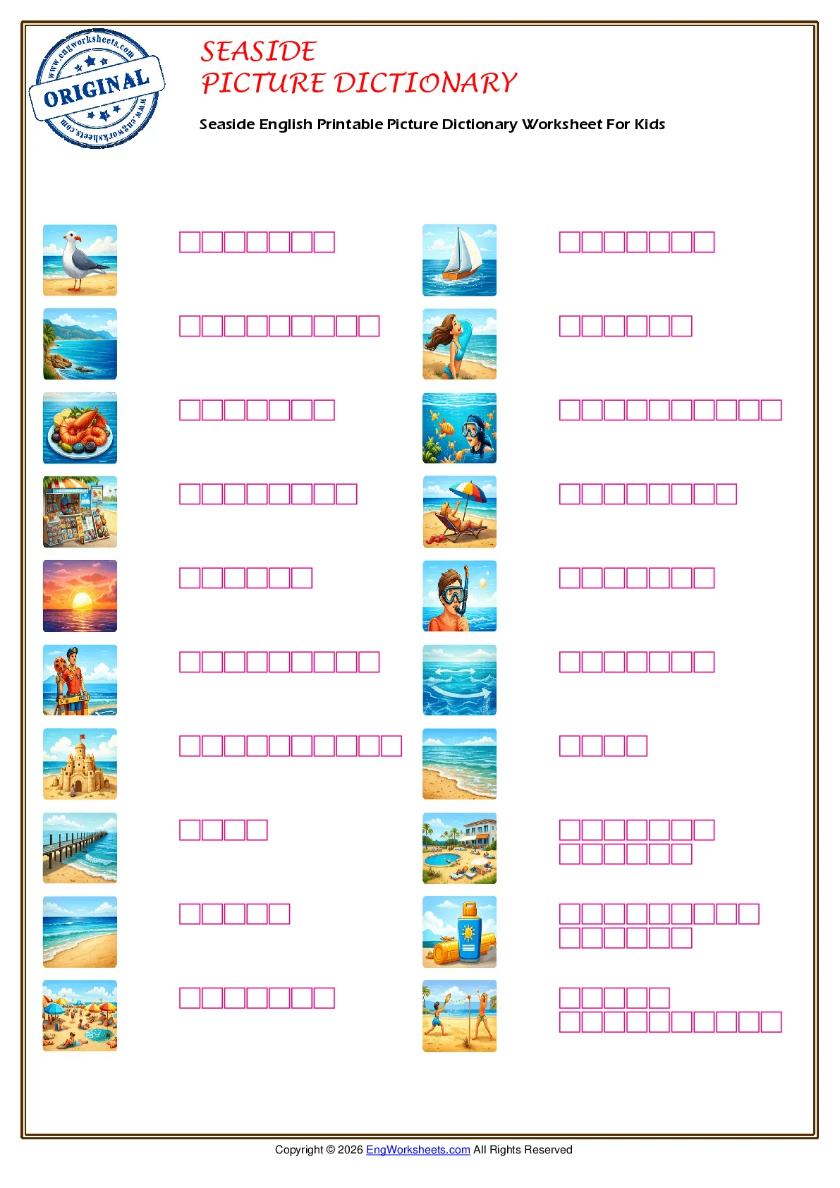 Seaside English Printable Picture Dictionary Worksheet For Kids Worksheet Preview