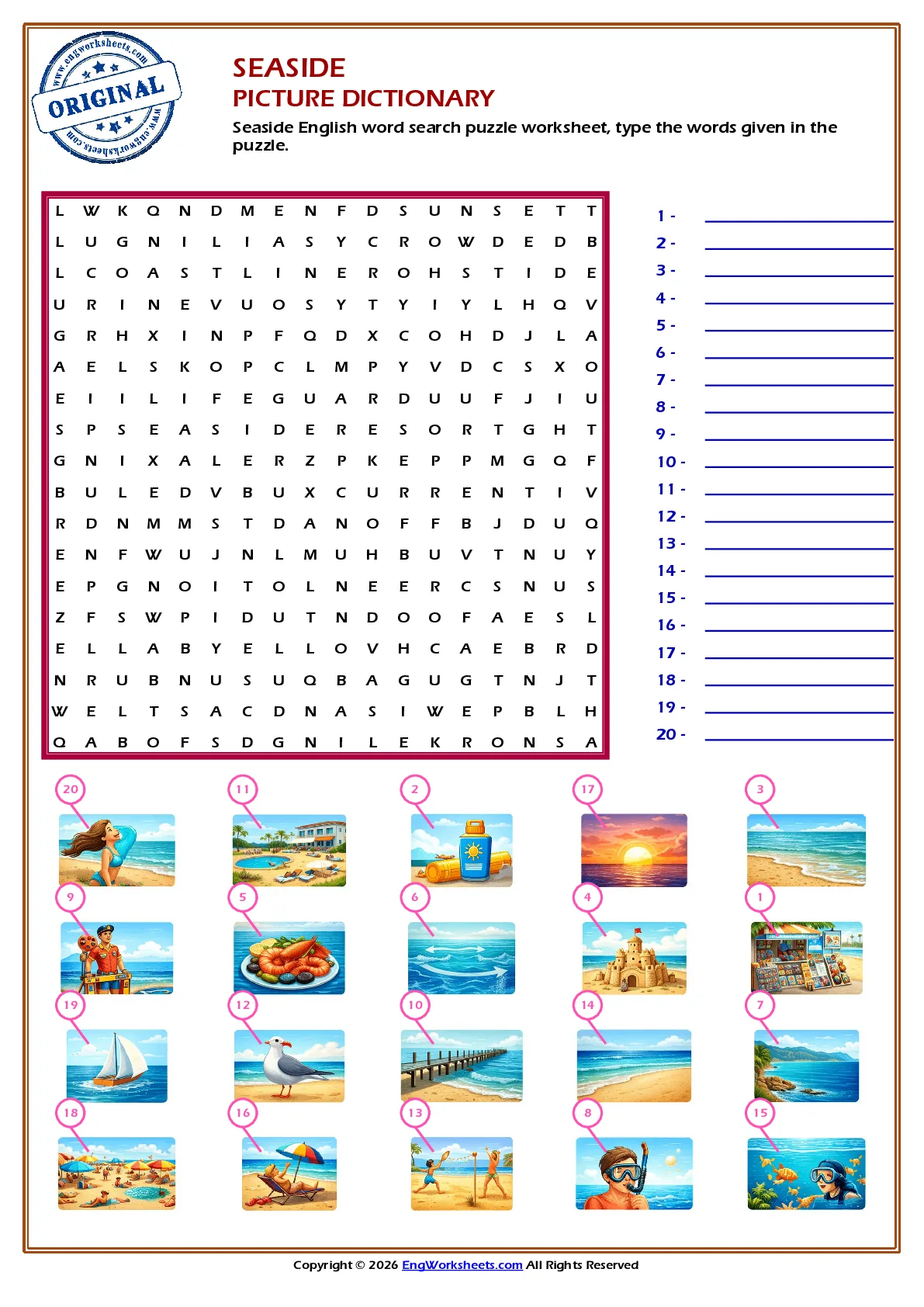 Seaside English word search puzzle worksheet, type the words given in the puzzle. Worksheet Preview