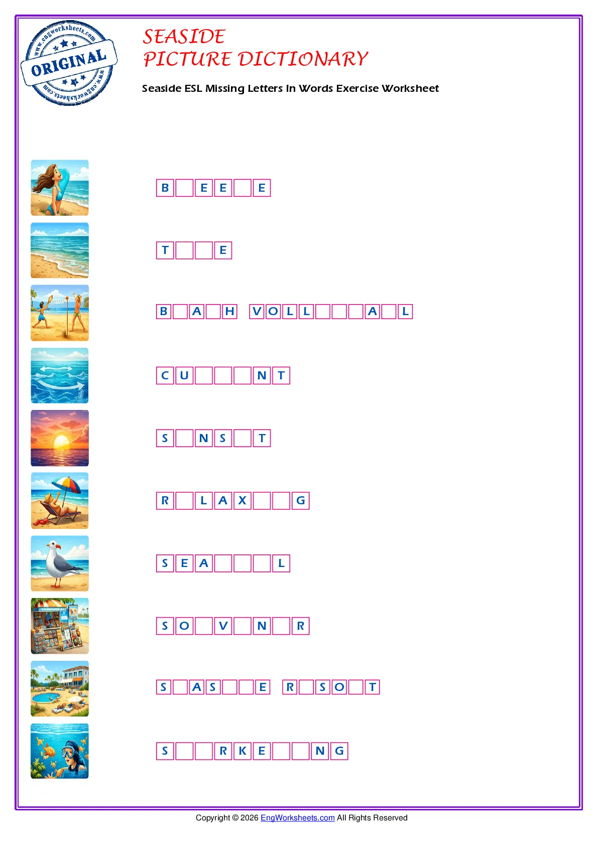 Seaside ESL Missing Letters In Words Exercise Worksheet Worksheet Preview