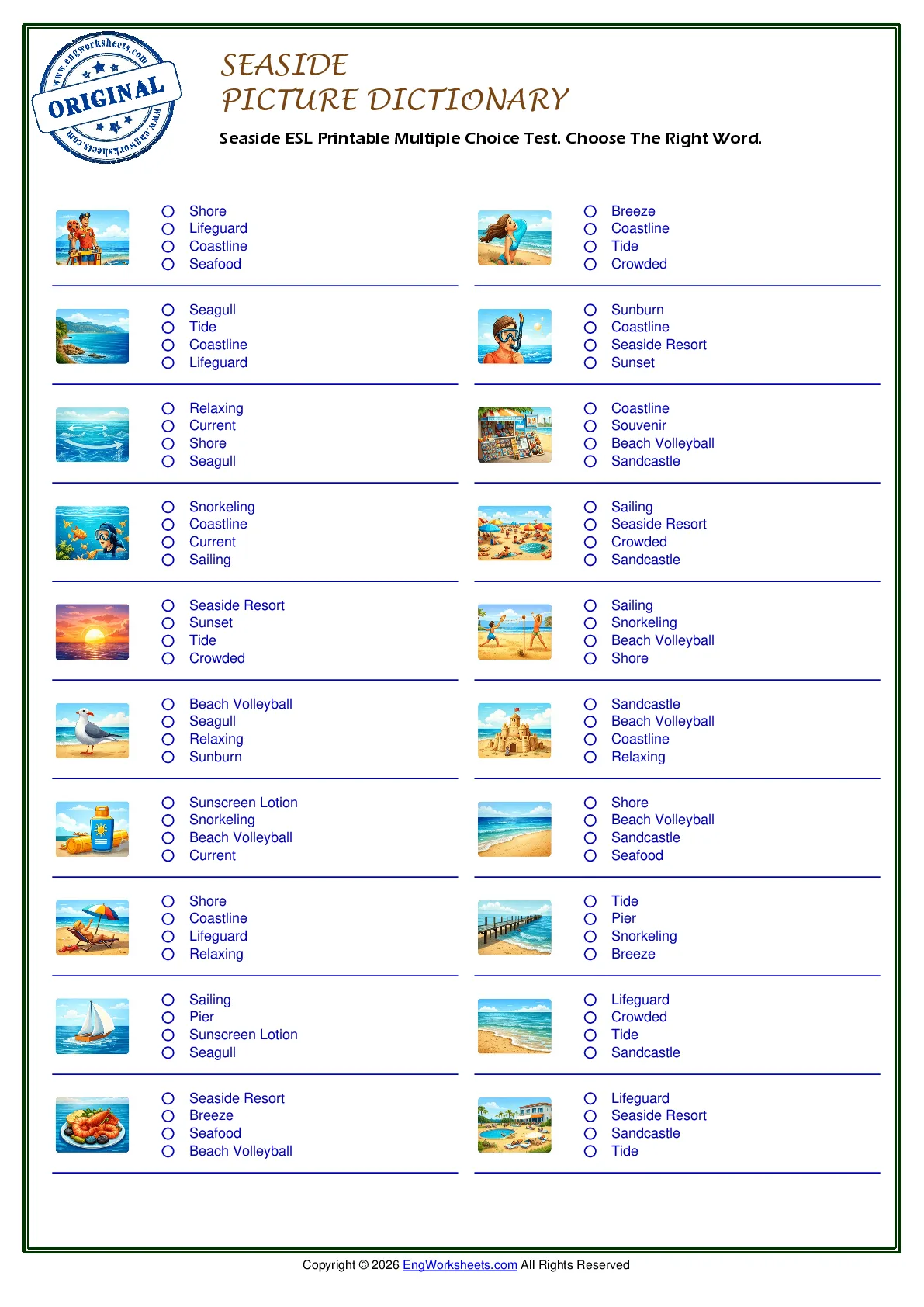 Seaside ESL Printable Multiple Choice Test. Choose The Right Word. Worksheet Preview