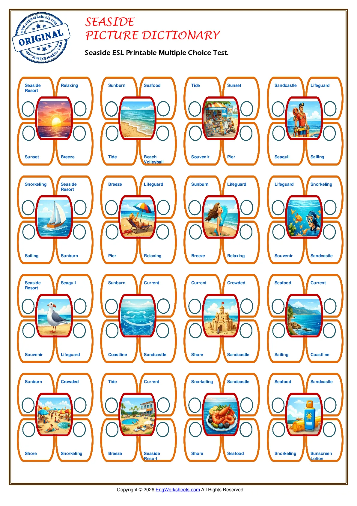 Seaside ESL Printable Multiple Choice Test. Worksheet Preview