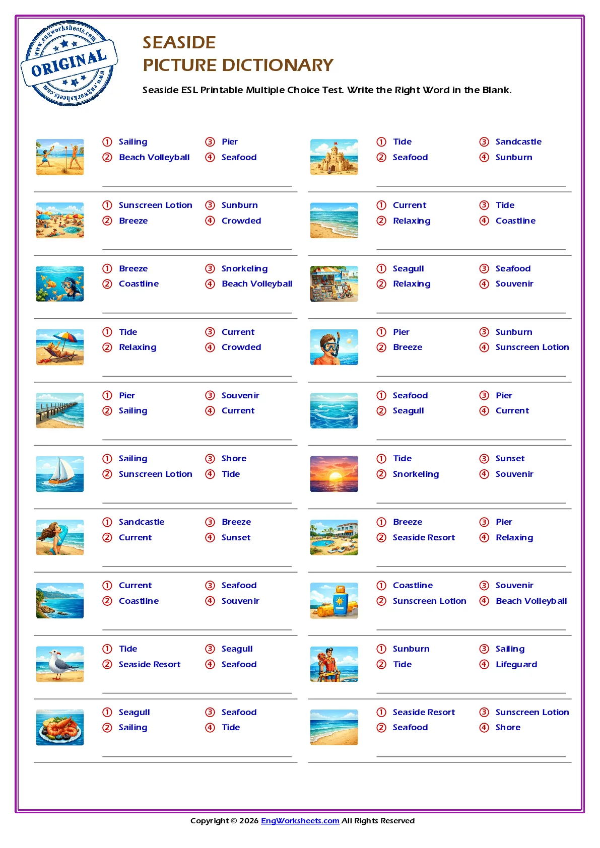Seaside ESL Printable Multiple Choice Test. Write the Right Word in the Blank. Worksheet Preview