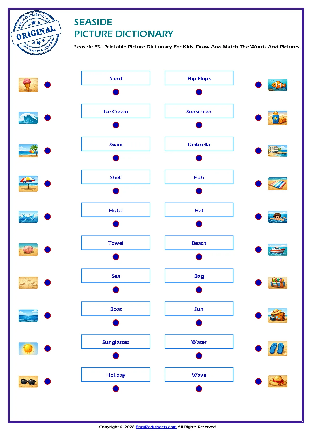 Seaside ESL Printable Picture Dictionary For Kids. Draw And Match The Words And Pictures. Worksheet Preview