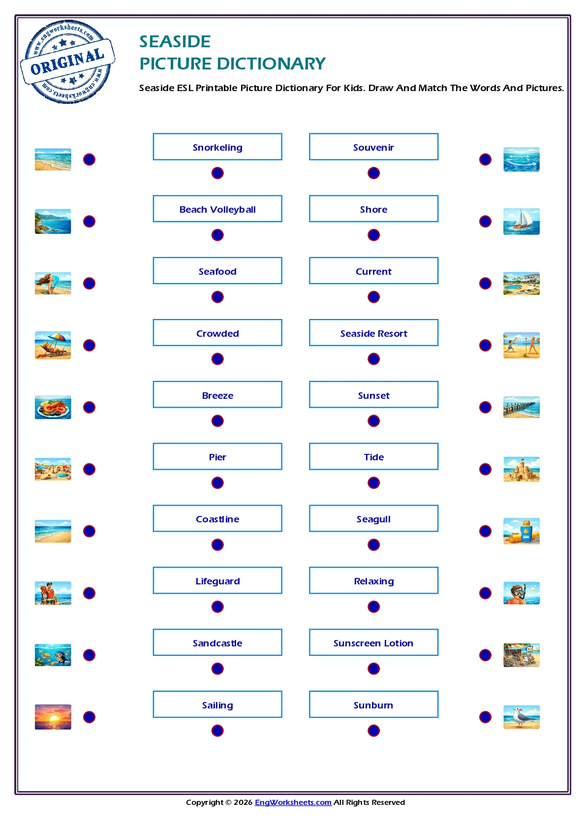 Seaside ESL Printable Picture Dictionary For Kids. Draw And Match The Words And Pictures. Worksheet Preview