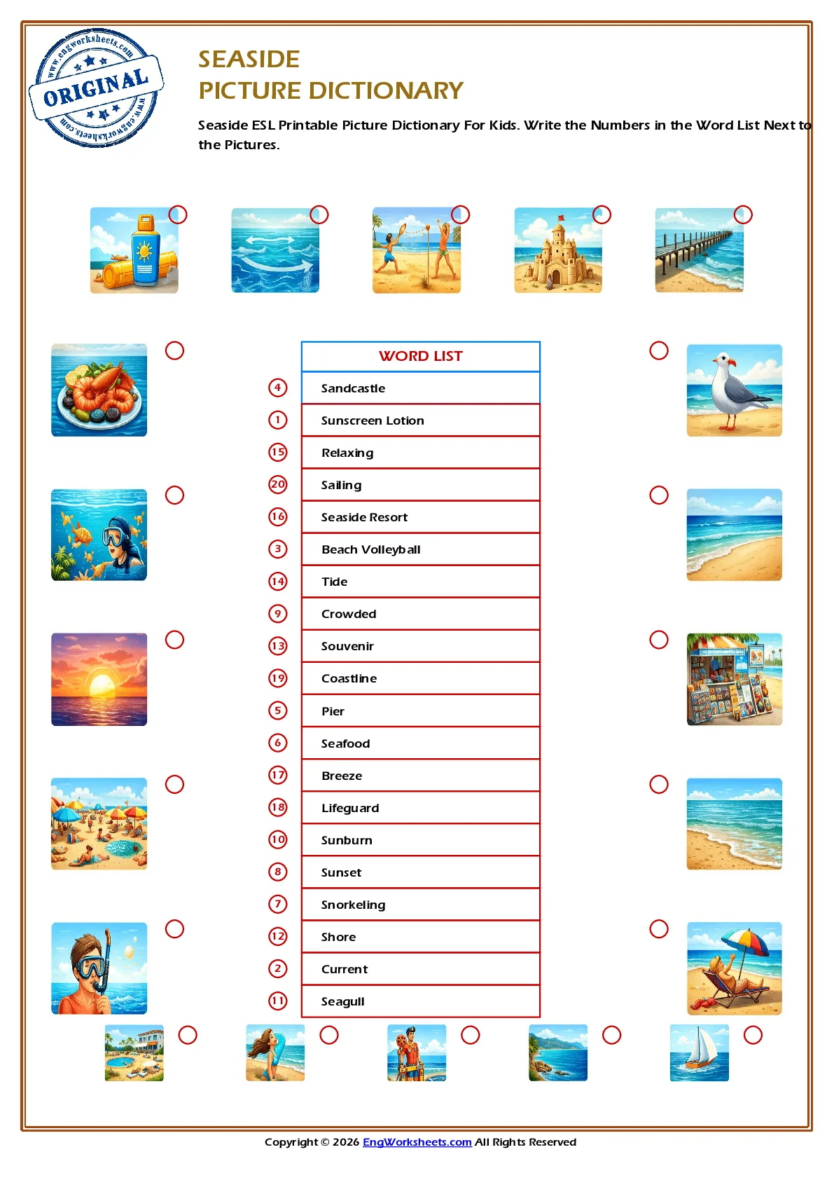 Seaside ESL Printable Picture Dictionary For Kids. Write the Numbers in the Word List Next to the Pictures. Worksheet Preview