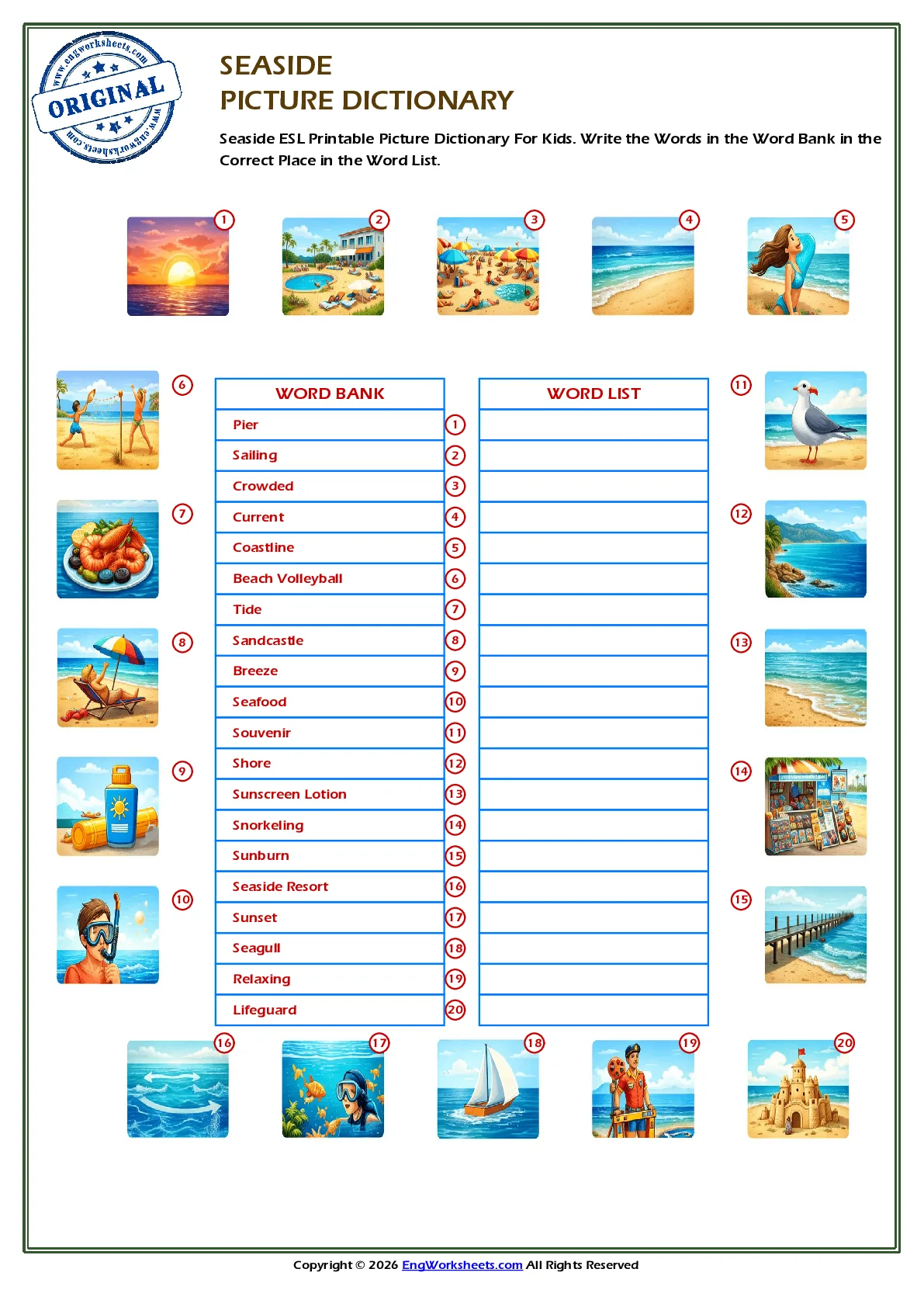 Seaside ESL Printable Picture Dictionary For Kids. Write the Words in the Word Bank in the Correct Place in the Word List. Worksheet Preview