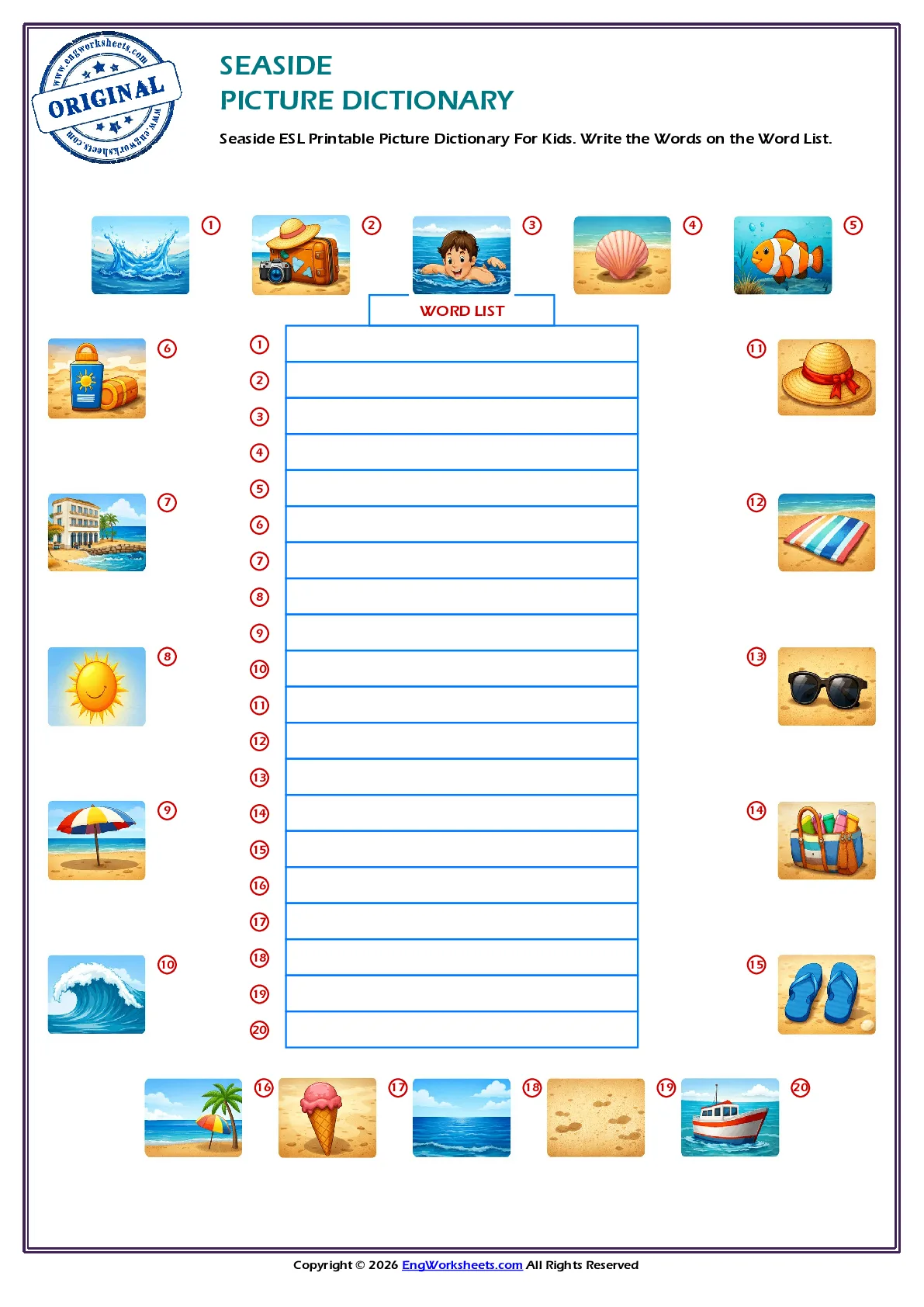 Seaside ESL Printable Picture Dictionary For Kids. Write the Words on the Word List. Worksheet Preview