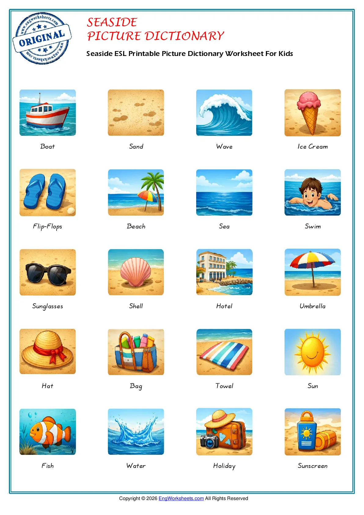 Seaside ESL Printable Picture Dictionary Worksheet For Kids Worksheet Preview