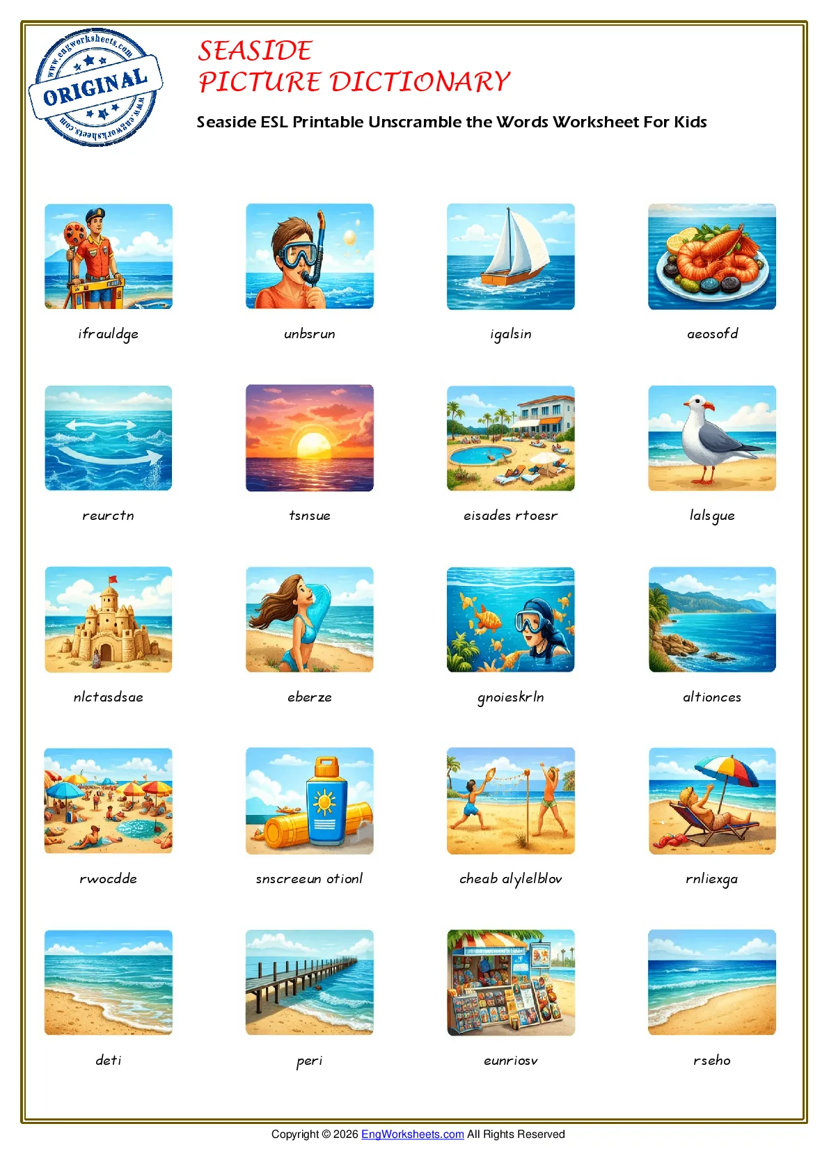 Seaside ESL Printable Unscramble the Words Worksheet For Kids Worksheet Preview