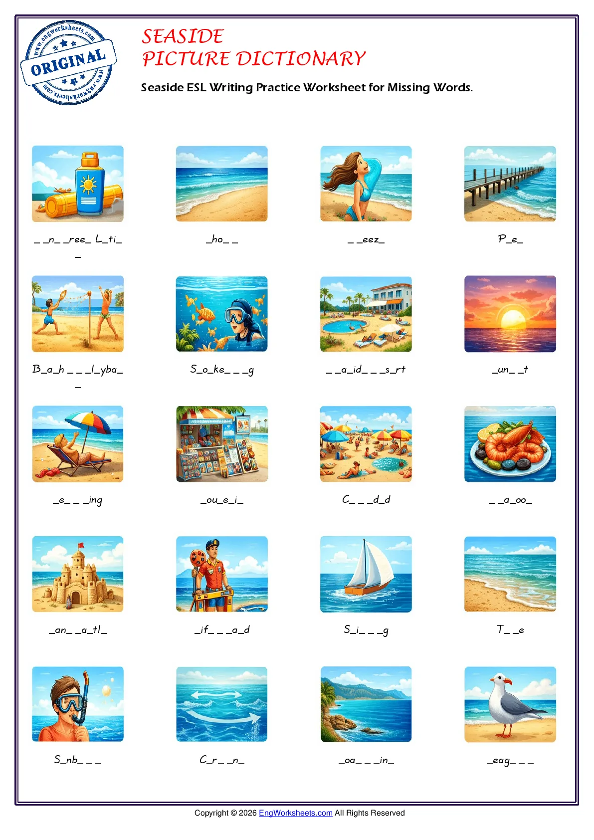 Seaside ESL Writing Practice Worksheet for Missing Words. Worksheet Preview