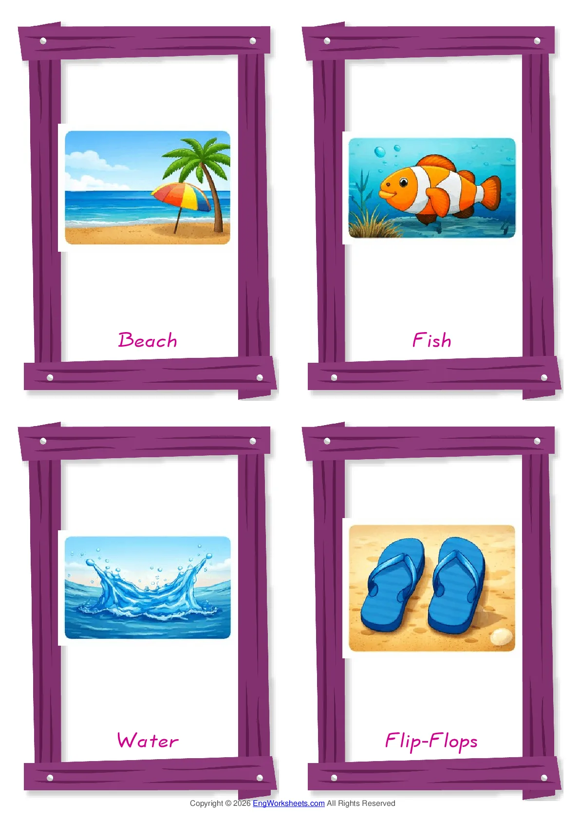 Seaside vocabulary worksheet with words, four images per page Worksheet Preview