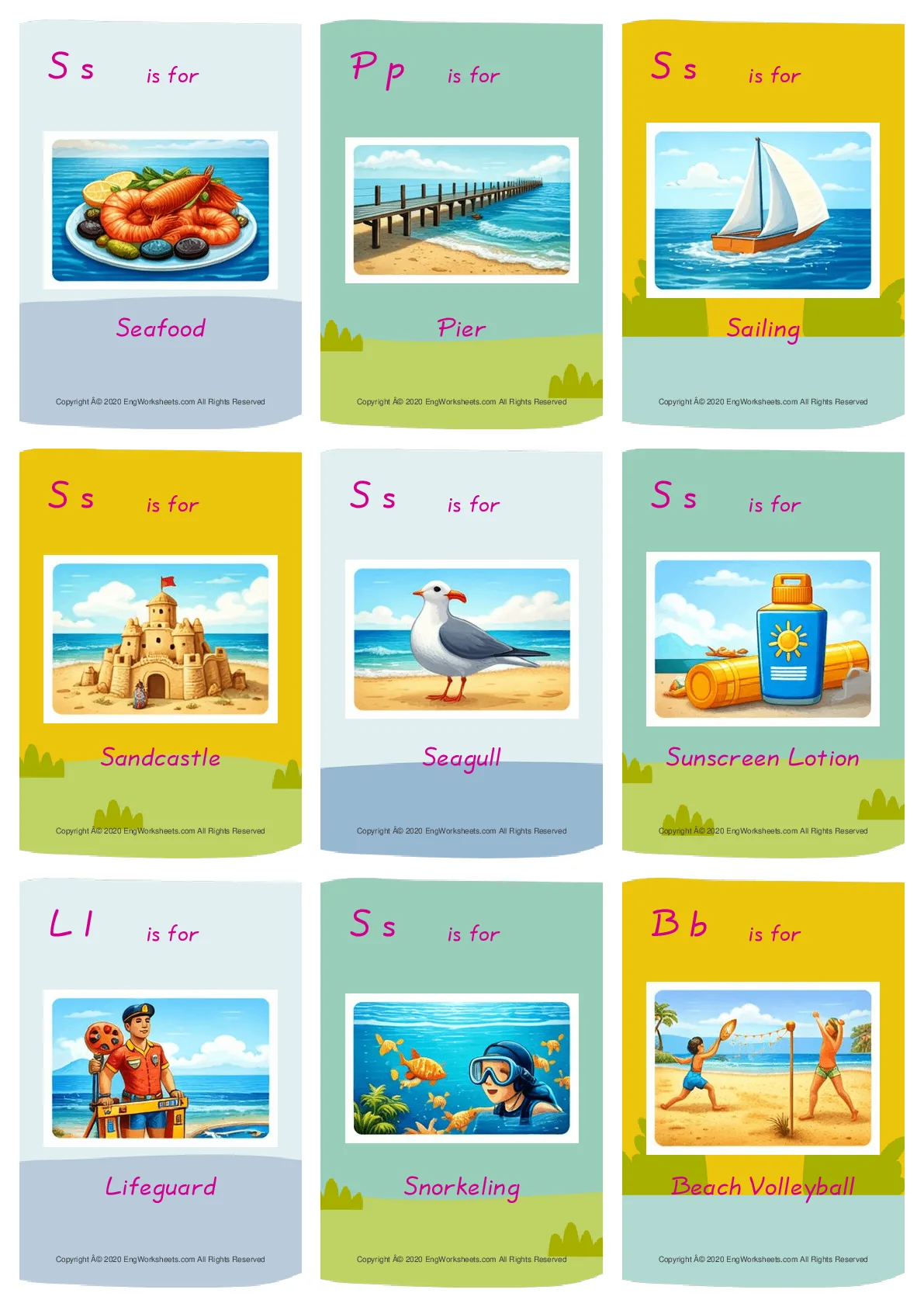 Seaside vocabulary worksheet with words, nine images per page