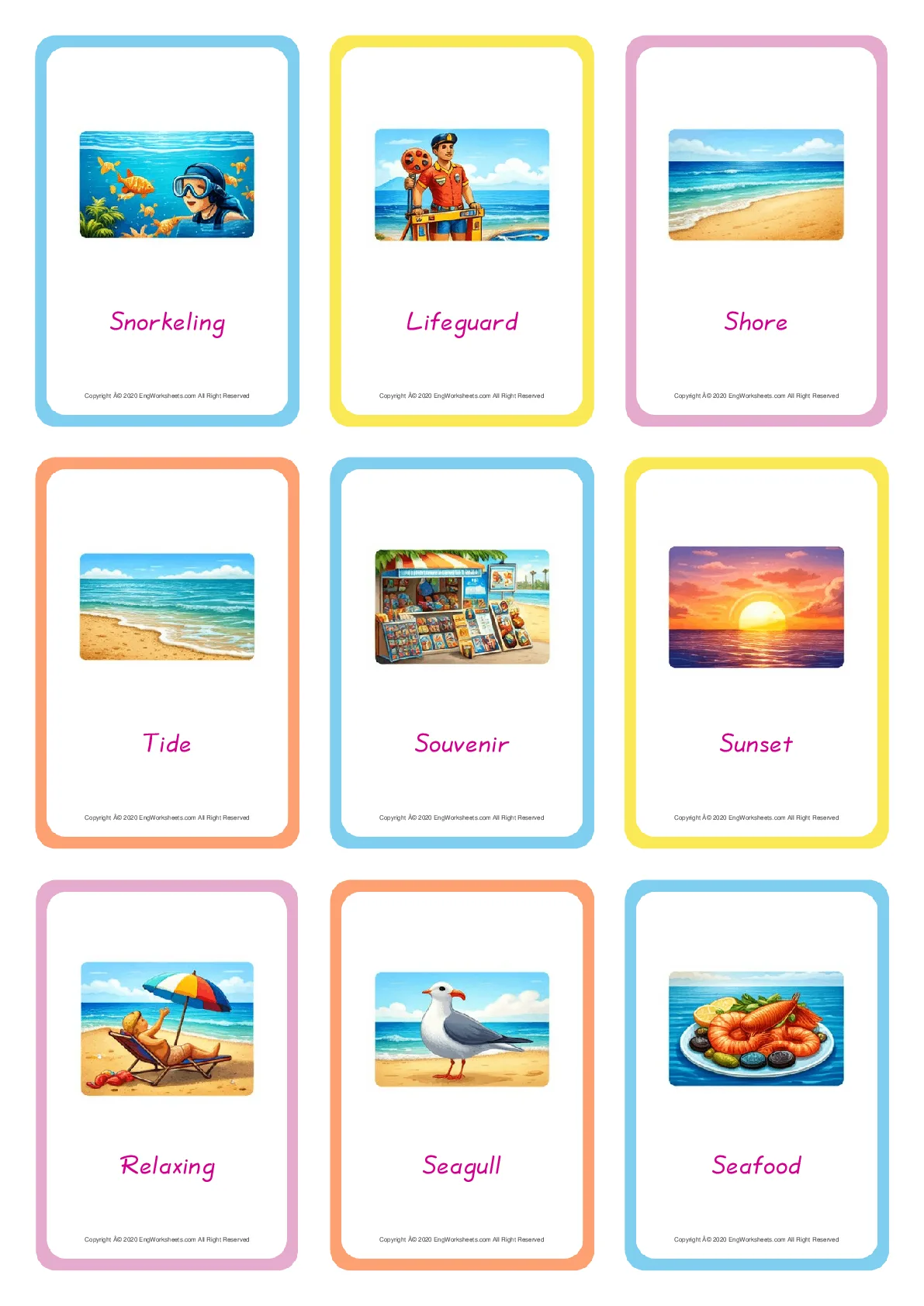 Seaside vocabulary worksheet with words, nine images per page