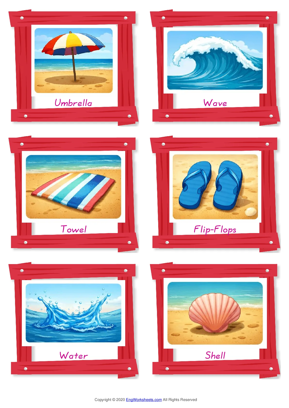 Seaside vocabulary worksheet with words, six images per page Worksheet Preview