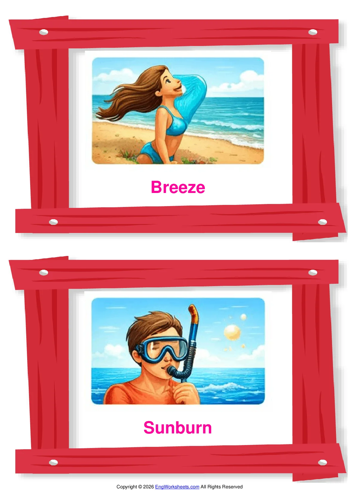 Seaside vocabulary worksheet with words, two images per page Worksheet Preview