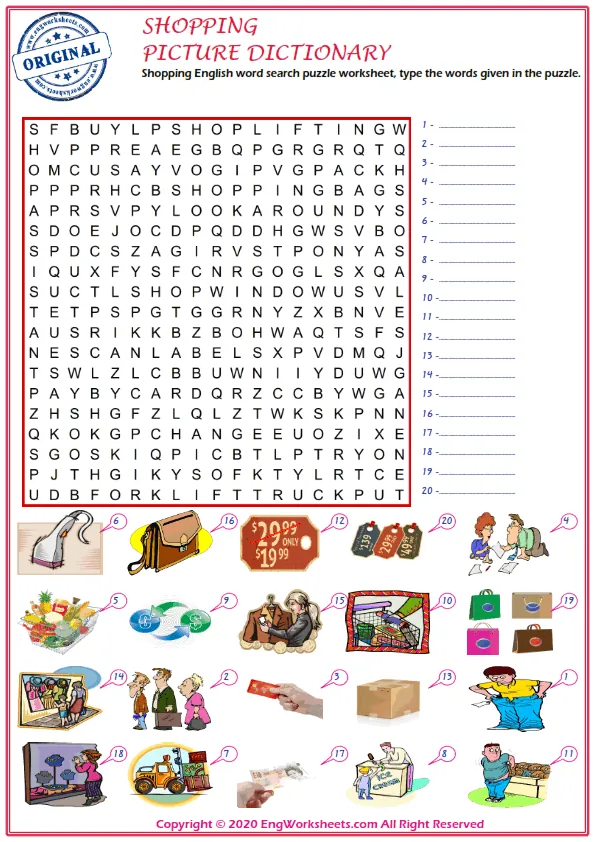 Shopping English word search puzzle worksheet, type the words given in the puzzle. Worksheet Preview