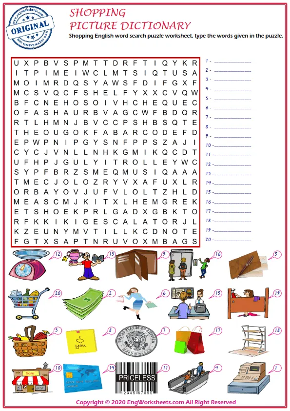 Shopping English word search puzzle worksheet, type the words given in the puzzle. Worksheet Preview