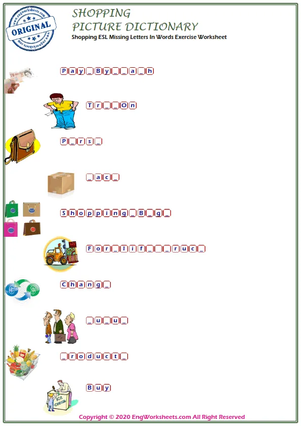 Shopping ESL Missing Letters In Words Exercise Worksheet Worksheet Preview