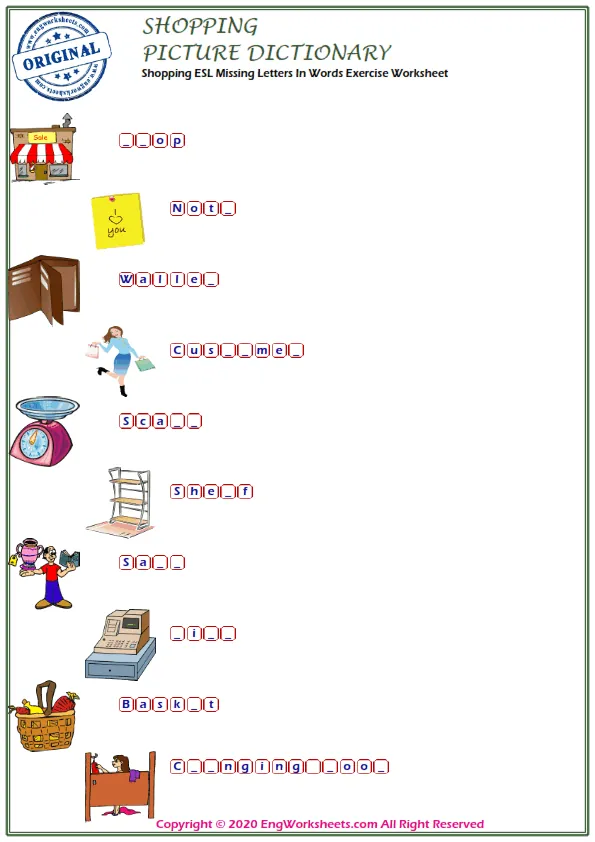Shopping ESL Missing Letters In Words Exercise Worksheet Worksheet Preview