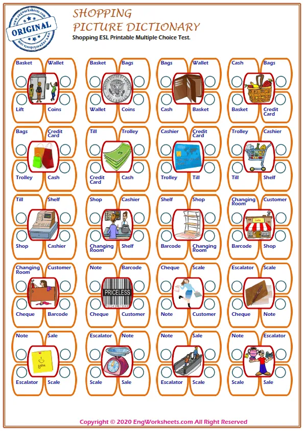 Shopping ESL Printable Multiple Choice Test. Worksheet Preview