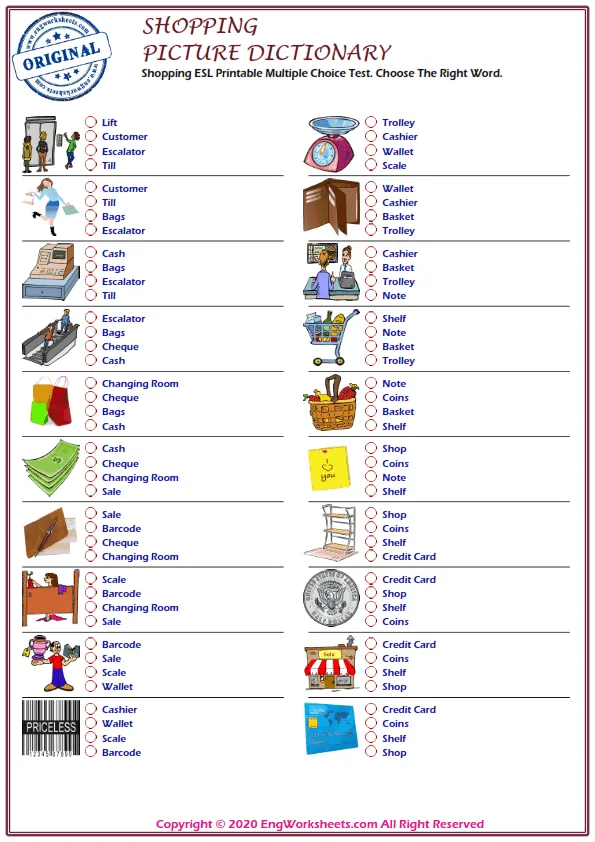 Shopping ESL Printable Multiple Choice Test. Choose The Right Word. Worksheet Preview