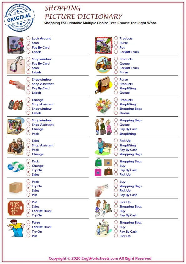 Shopping ESL Printable Multiple Choice Test. Choose The Right Word. Worksheet Preview