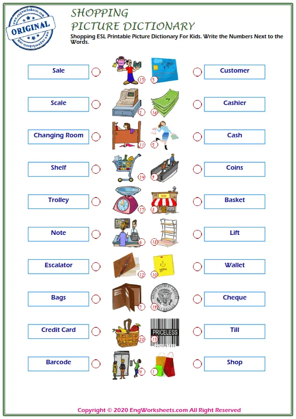Shopping ESL Printable Picture Dictionary For Kids. Write the Numbers Next to the Words. Worksheet Preview