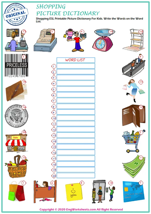 Shopping ESL Printable Picture Dictionary For Kids. Write the Words on the Word List. Worksheet Preview