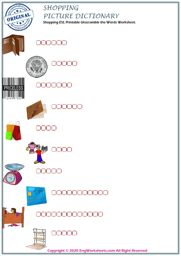 Shopping ESL Printable Unscramble the Words Worksheet. Worksheet Preview