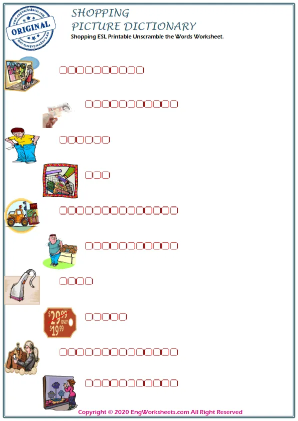Shopping ESL Printable Unscramble the Words Worksheet. Worksheet Preview