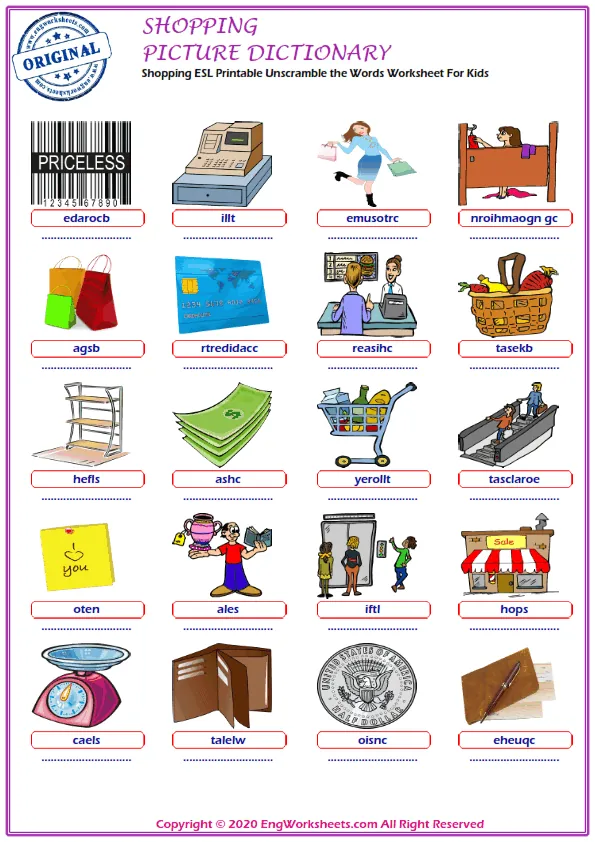 Shopping ESL Printable Unscramble the Words Worksheet For Kids Worksheet Preview