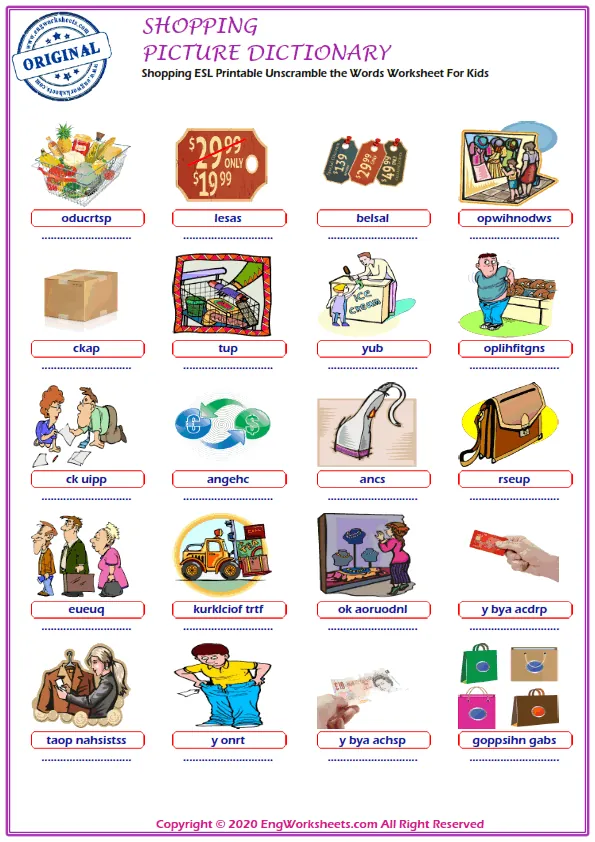 Shopping ESL Printable Unscramble the Words Worksheet For Kids Worksheet Preview